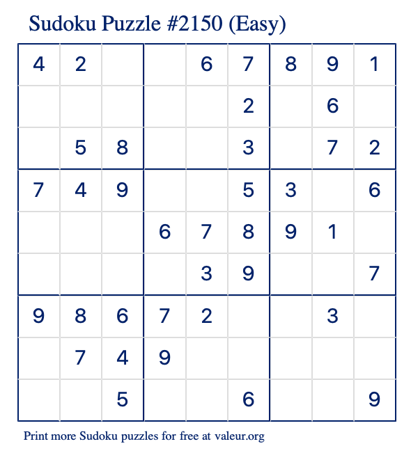 Free Printable Easy Sudoku Puzzle number 2150