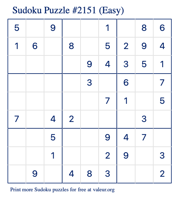 Free Printable Easy Sudoku Puzzle number 2151