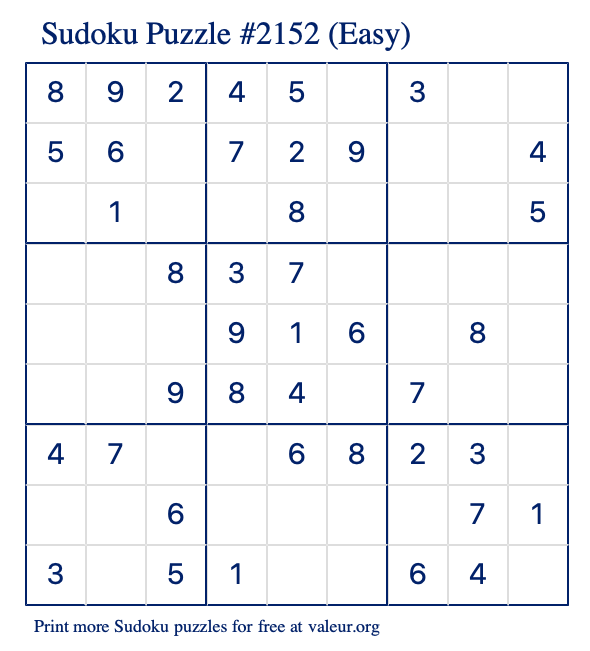 Free Printable Easy Sudoku Puzzle number 2152