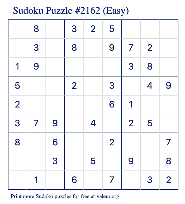 Free Printable Easy Sudoku Puzzle number 2162