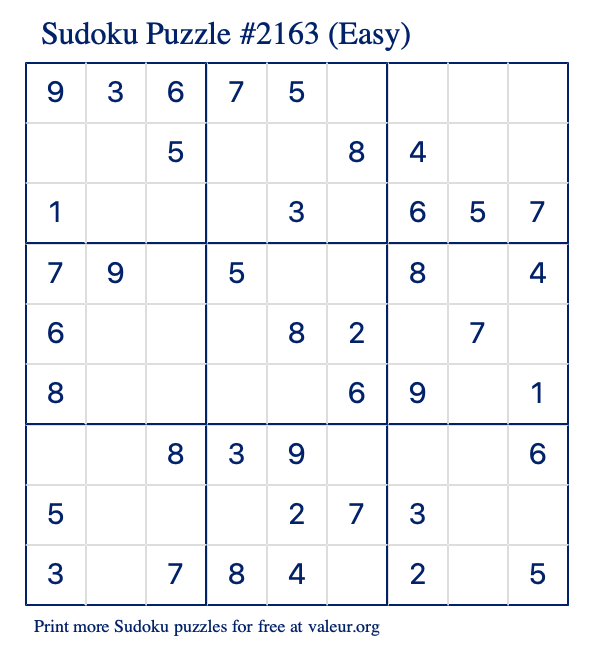 Free Printable Easy Sudoku Puzzle number 2163