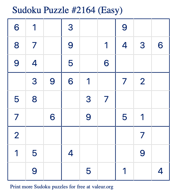 Free Printable Easy Sudoku Puzzle number 2164
