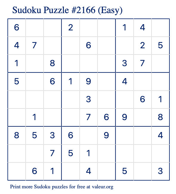 Free Printable Easy Sudoku Puzzle number 2166