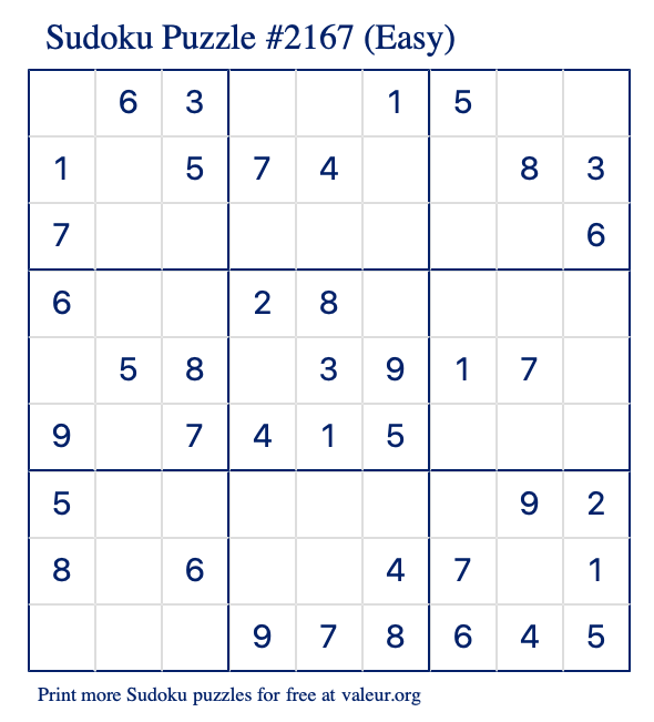 Free Printable Easy Sudoku Puzzle number 2167