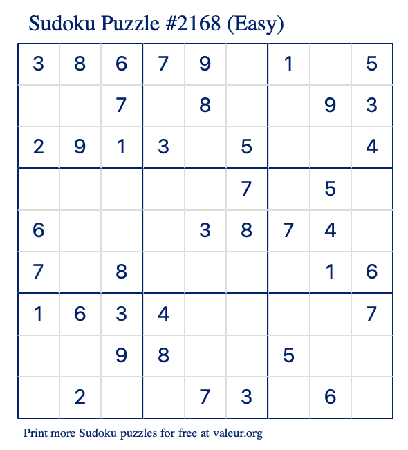 Free Printable Easy Sudoku Puzzle number 2168