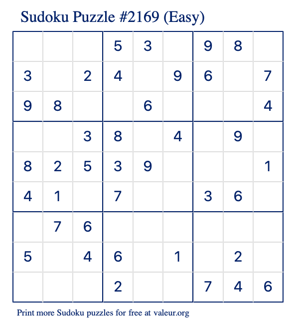 Free Printable Easy Sudoku Puzzle number 2169