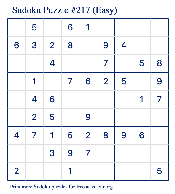 Free Printable Easy Sudoku Puzzle number 217