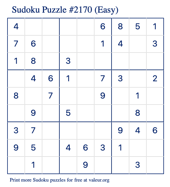 Free Printable Easy Sudoku Puzzle number 2170