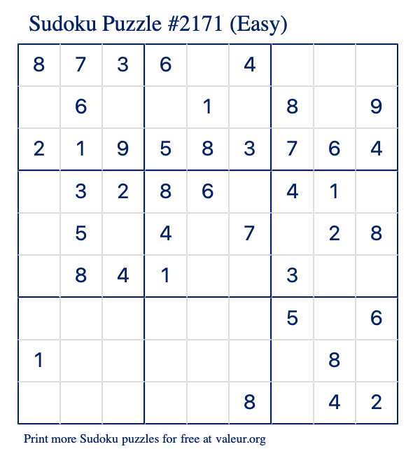 Free Printable Easy Sudoku Puzzle number 2171