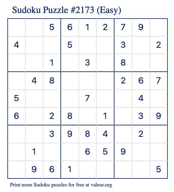 Free Printable Easy Sudoku Puzzle number 2173