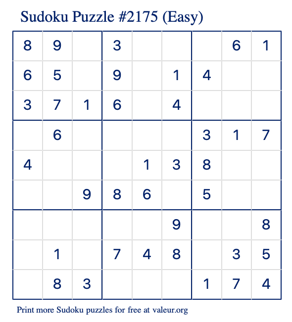 Free Printable Easy Sudoku Puzzle number 2175