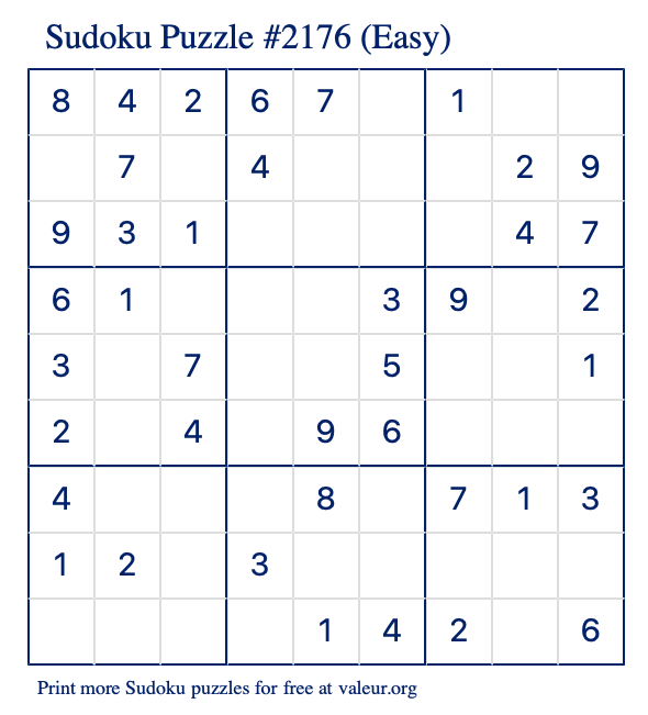 Free Printable Easy Sudoku Puzzle number 2176