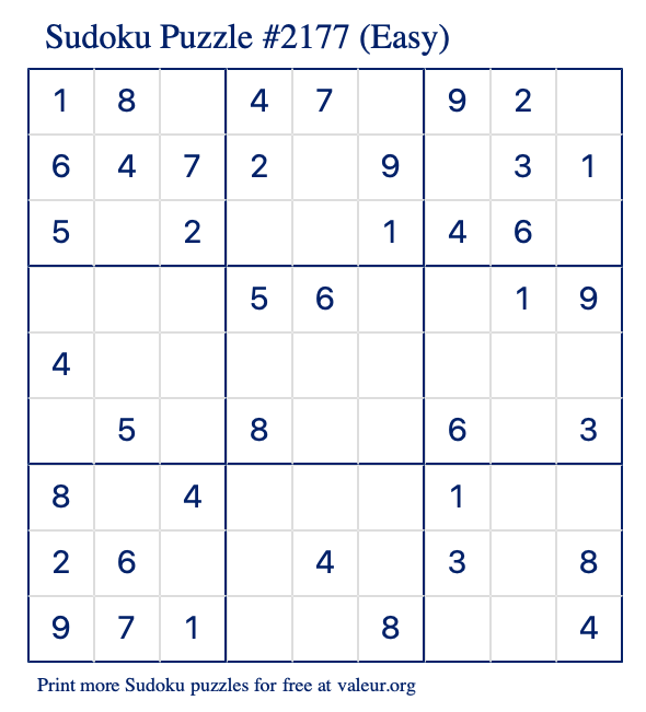 Free Printable Easy Sudoku Puzzle number 2177