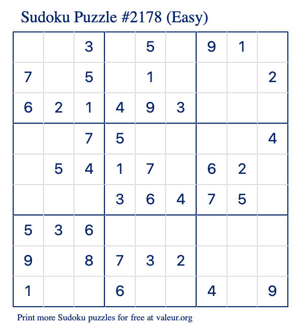 Free Printable Easy Sudoku Puzzle number 2178