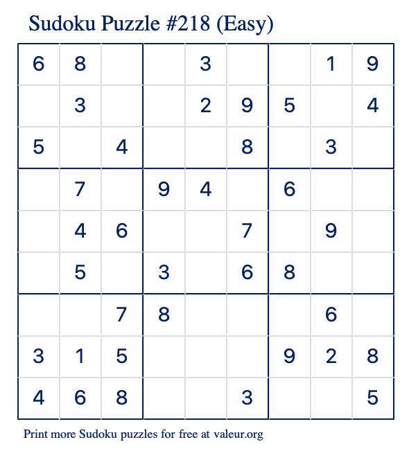 Free Printable Easy Sudoku Puzzle number 218