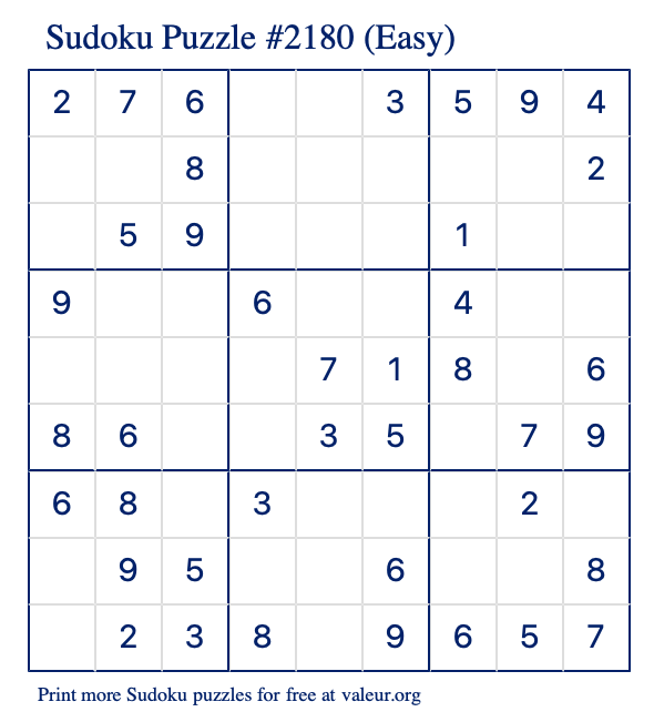 Free Printable Easy Sudoku Puzzle number 2180