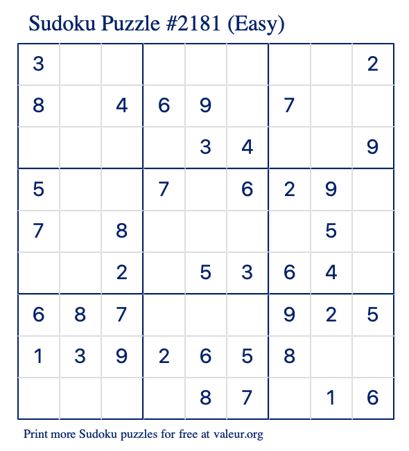 Free Printable Easy Sudoku Puzzle number 2181
