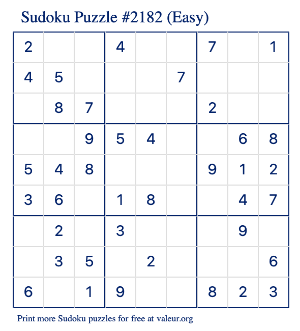 Free Printable Easy Sudoku Puzzle number 2182