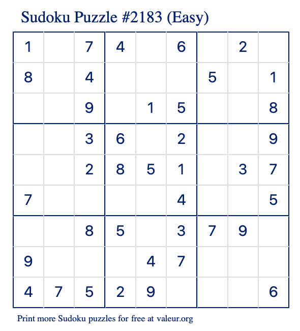 Free Printable Easy Sudoku Puzzle number 2183