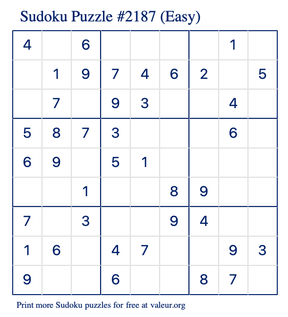 Free Printable Easy Sudoku Puzzle number 2187