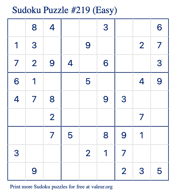 Free Printable Easy Sudoku Puzzle number 219