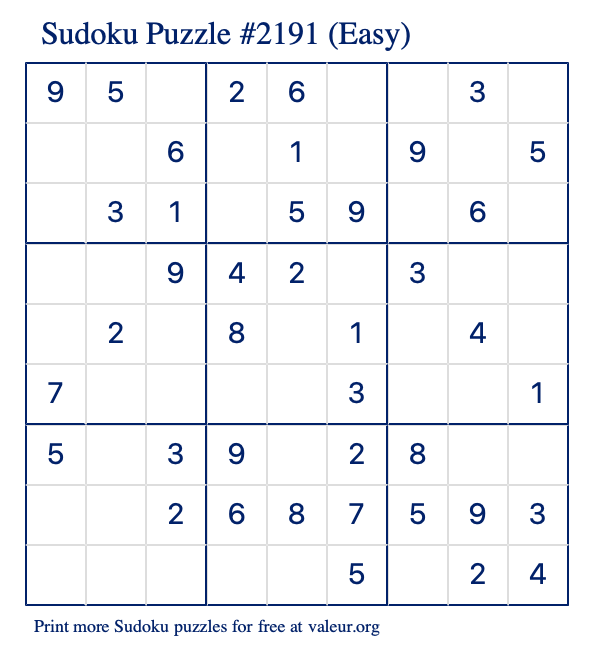 Free Printable Easy Sudoku Puzzle number 2191
