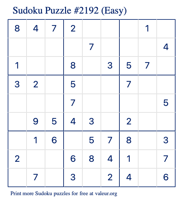 Free Printable Easy Sudoku Puzzle number 2192