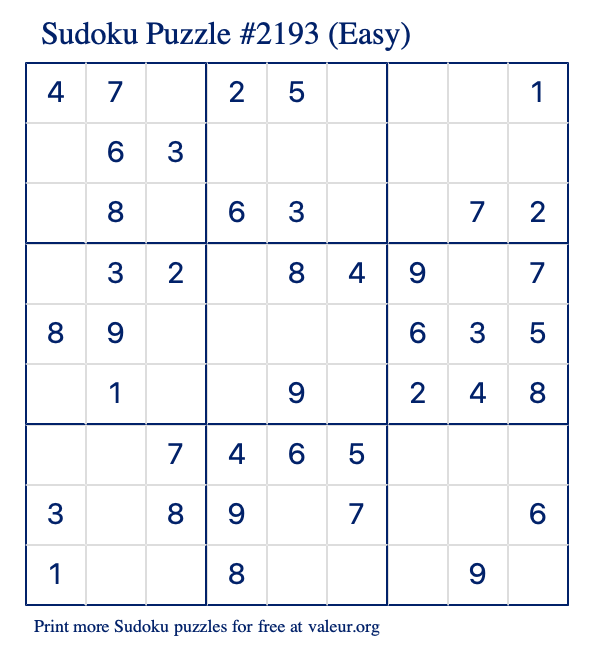 Free Printable Easy Sudoku Puzzle number 2193