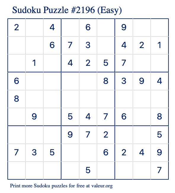 Free Printable Easy Sudoku Puzzle number 2196