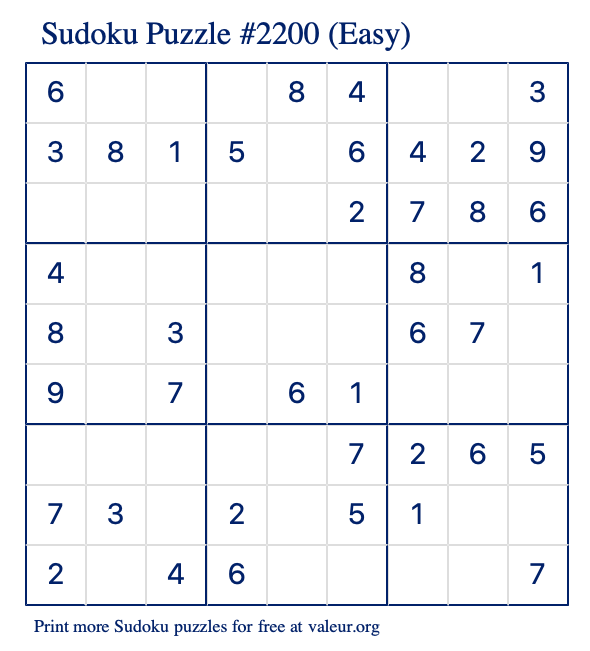 Free Printable Easy Sudoku Puzzle number 2200