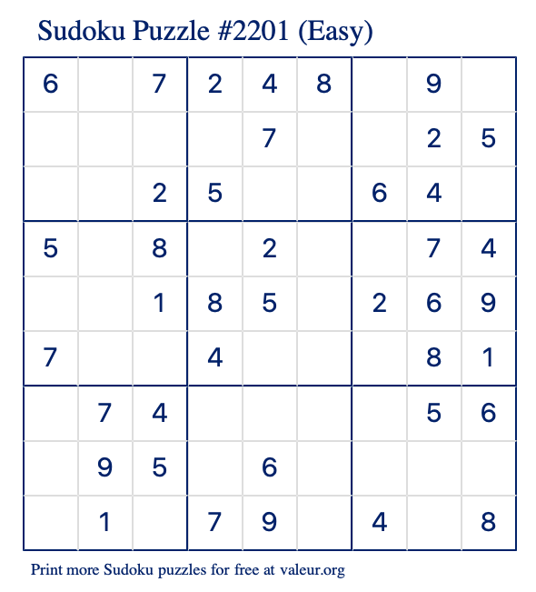 Free Printable Easy Sudoku Puzzle number 2201