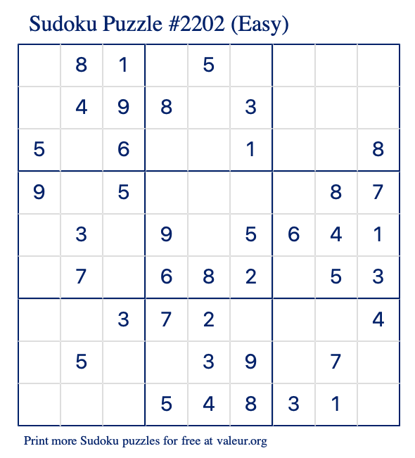 Free Printable Easy Sudoku Puzzle number 2202