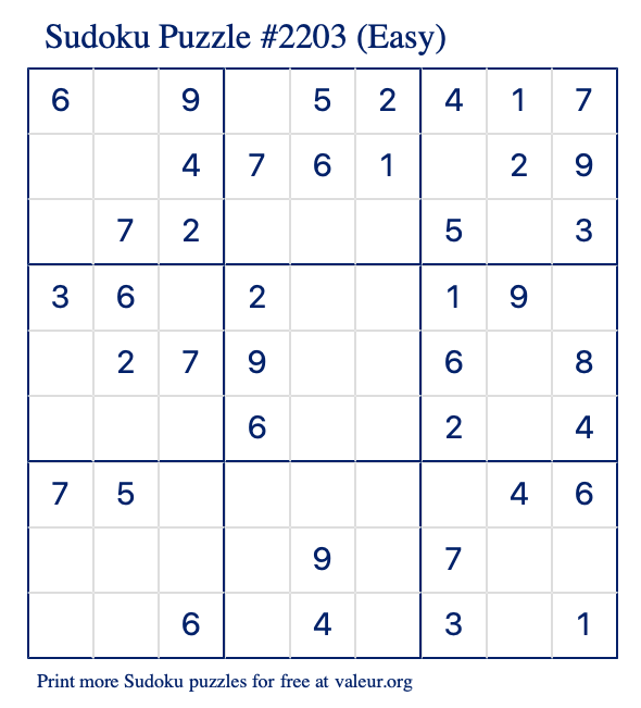 Free Printable Easy Sudoku Puzzle number 2203