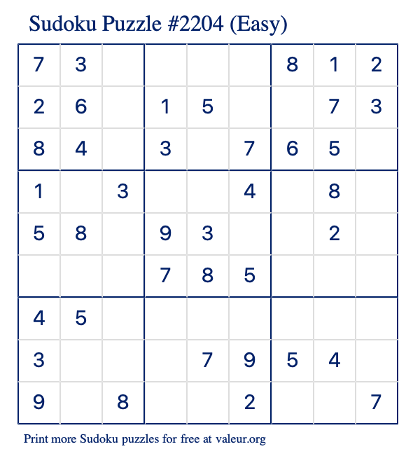 Free Printable Easy Sudoku Puzzle number 2204