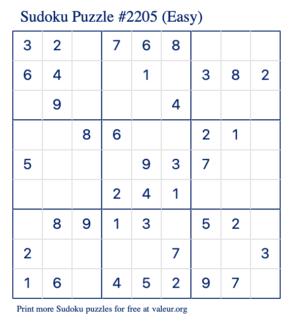 Free Printable Easy Sudoku Puzzle number 2205