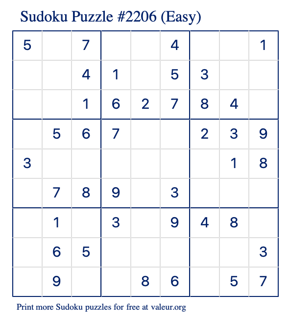 Free Printable Easy Sudoku Puzzle number 2206