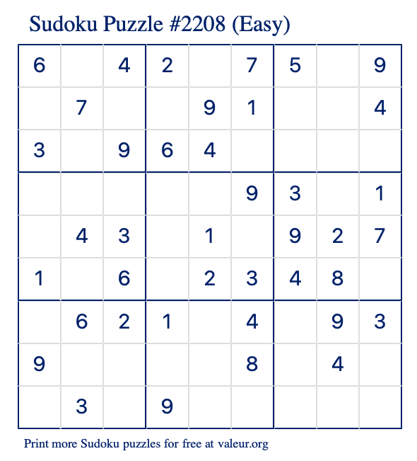 Free Printable Easy Sudoku Puzzle number 2208