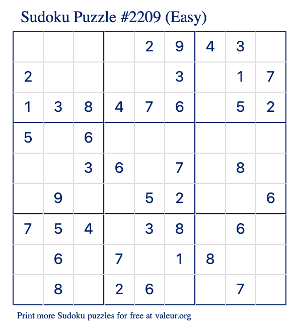 Free Printable Easy Sudoku Puzzle number 2209