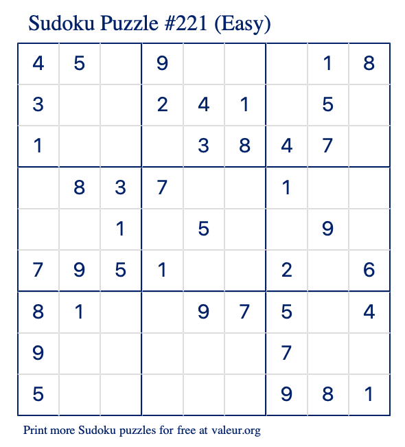 Free Printable Easy Sudoku Puzzle number 221