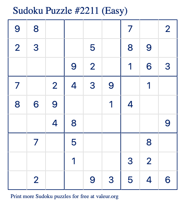 Free Printable Easy Sudoku Puzzle number 2211