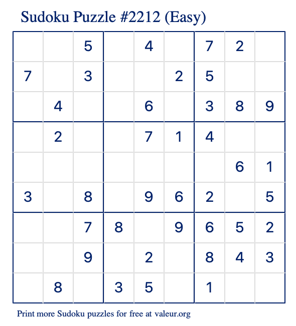 Free Printable Easy Sudoku Puzzle number 2212