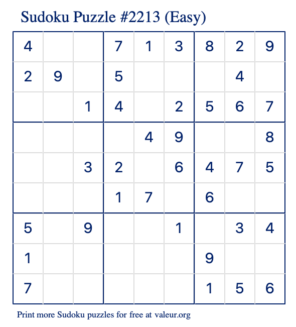 Free Printable Easy Sudoku Puzzle number 2213