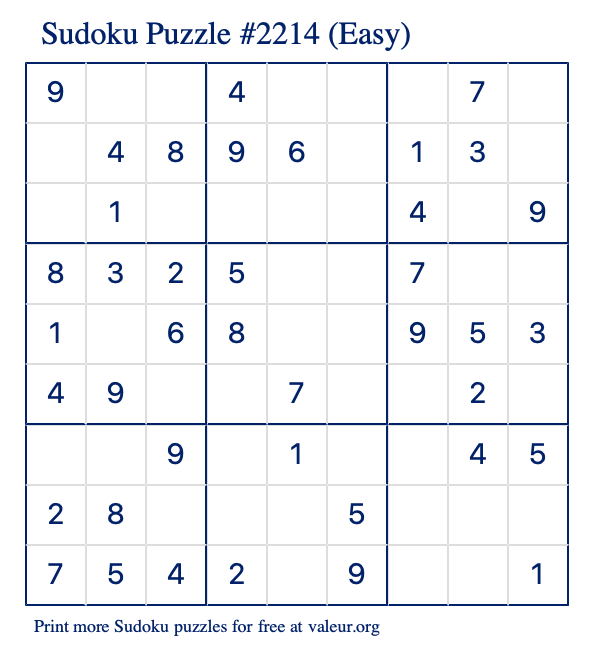 Free Printable Easy Sudoku Puzzle number 2214