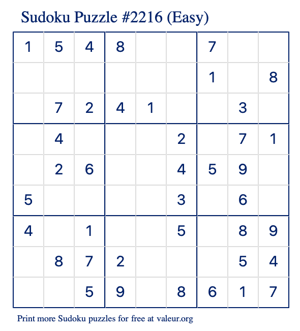 Free Printable Easy Sudoku Puzzle number 2216