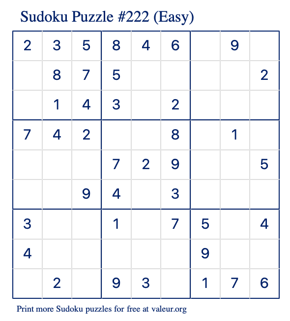 Free Printable Easy Sudoku Puzzle number 222