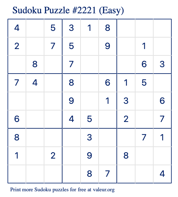 Free Printable Easy Sudoku Puzzle number 2221