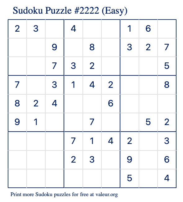 Free Printable Easy Sudoku Puzzle number 2222