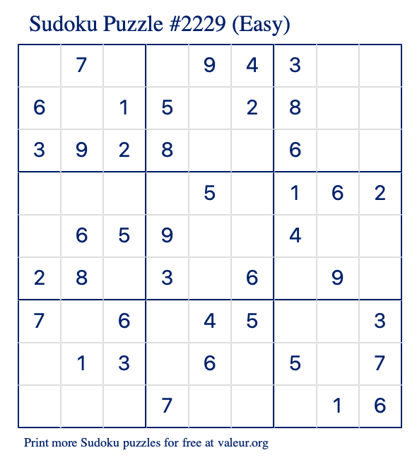 Free Printable Easy Sudoku Puzzle number 2229