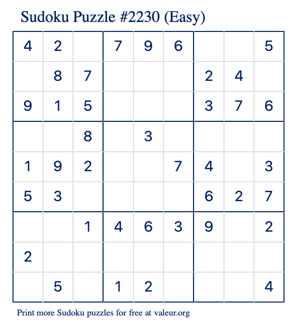 Free Printable Easy Sudoku Puzzle number 2230