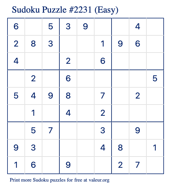 Free Printable Easy Sudoku Puzzle number 2231